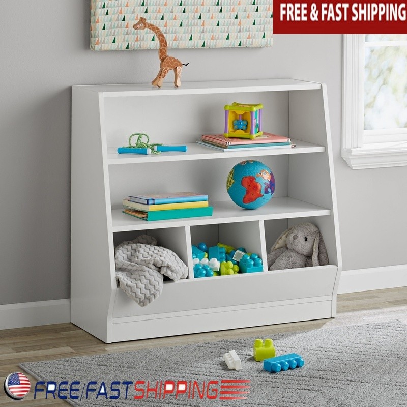 Kids Bin Storage Bookcase W/ 2 Shelves & 3 Bins Easy Assembly Playroom Furniture