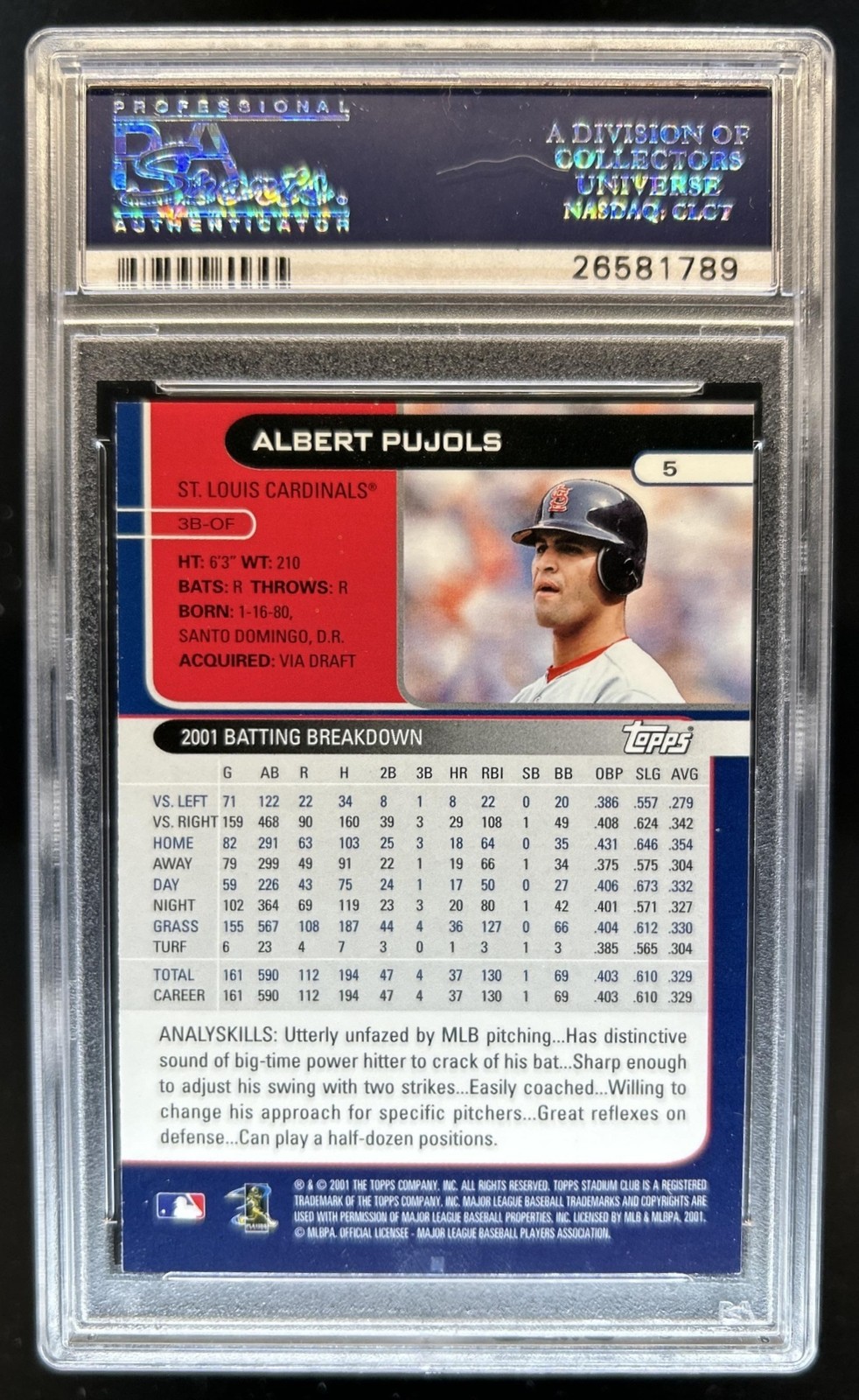 2002 Topps Stadium Club Albert Pujols #5 Cardinals PSA 9 view 2