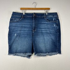 Boho Casual a.n.a Women 22W Blue High Rise Midi Distressed Raw Hem Denim Shorts