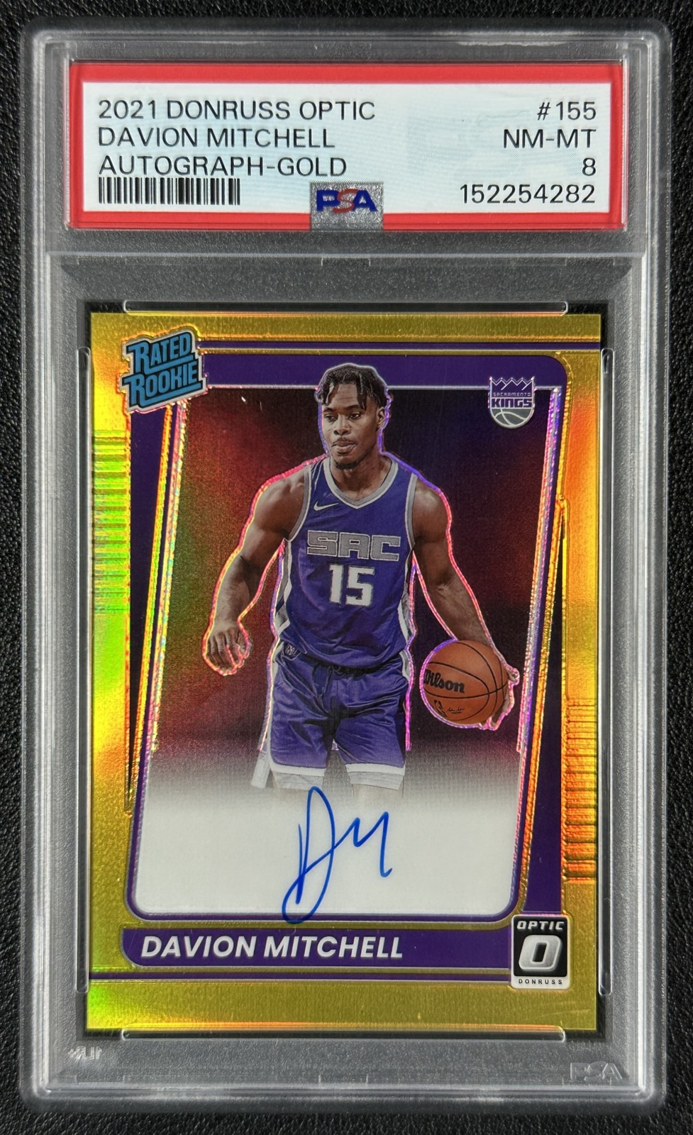 DAVION MITCHELL PSA 8 2021-22 DONRUSS OPTIC #155 ROOKIE AUTO GOLD PRIZM RC 1/10