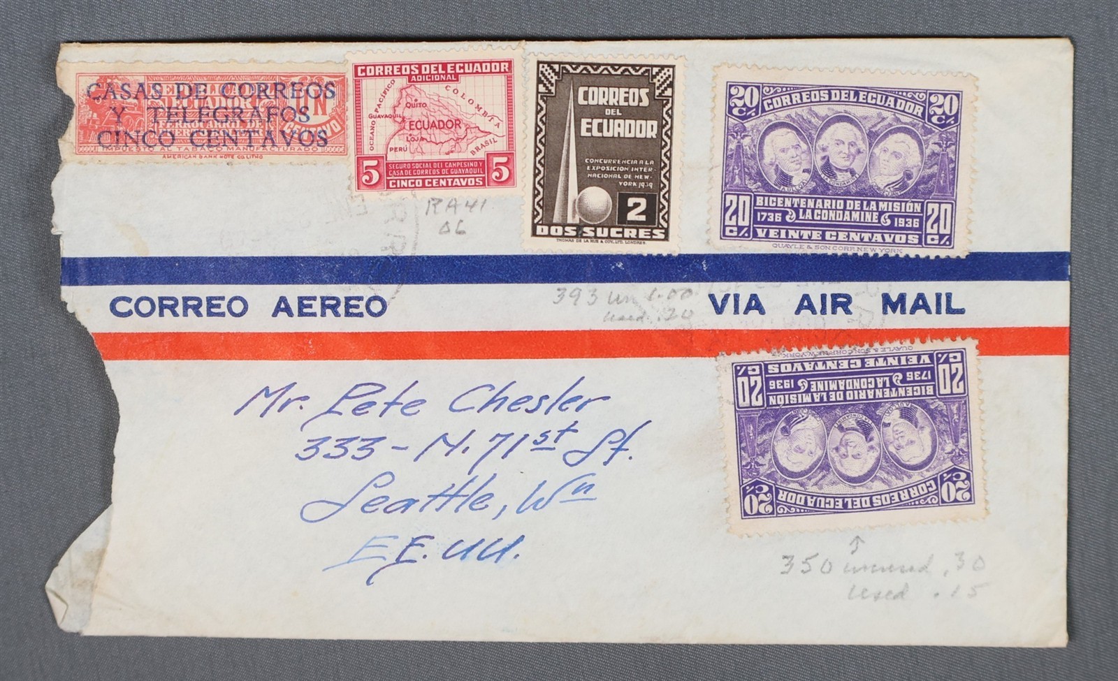 MayfairStamps Ecuador to Seattle WA Air Mail Cover aax_00713
