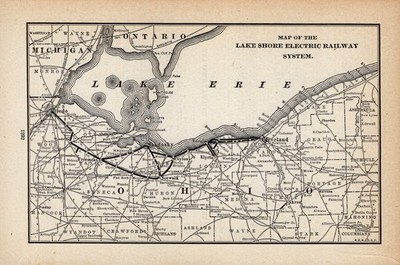 Antike Lake Shore Electric Railway Systemkarte Ohio Eisenbahnkarte 3093 von 1909