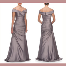 NWD 418 La Femme  4  Off Shoulder Ruched Satin Trumpet Gown in Platinum Q174
