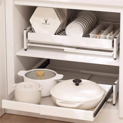 Dual-Track Pull Out Cabinet Organizer Dish Drying Shelf Slide Out