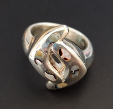 Vintage Silver Ring Modernist Shell Abalone Mother Pearl 7.5 Sterling 925 Solid