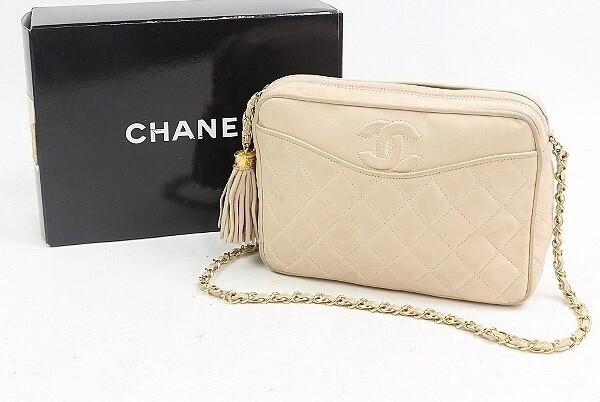 CHANEL Lambskin Leather Gold Chain Fringe Tassel Shoulder Bag Matelasse Design