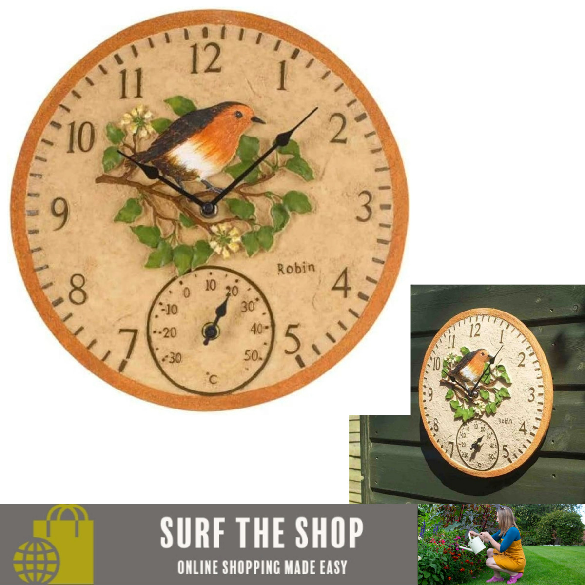 Robin Clock 12in Detailed Garden Wall Clock And Thermometer Outdoor Smart Garden