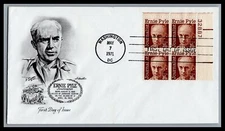 US FDC # 1398 16c Ernie Pyle Artmaster plate block 32887 UR 1971, 9L959