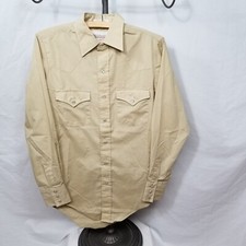 VTG Michael Barry Pearl Snap Up Shirt Men Small Tan Long Sleeve Permanent Press