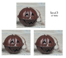 3 pc Rusty Tin PUMPKIN Jingle Bells Jack-O-Lantern 2" diameter - Fall Ornaments