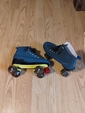 Blue Denim Orange Sewing Vintage Roller Skates. Sz.9