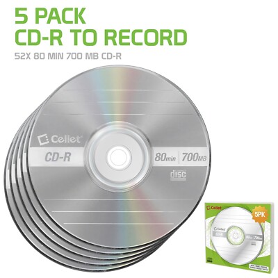 Cellet CD-R 5-Pack   700MB 80-Minute Blank Discs, 52X Speed for Data, & Music