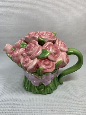Cosmos Pink Roses Bouquet Mini Teapot  Dresser Vanity Decor Collectible