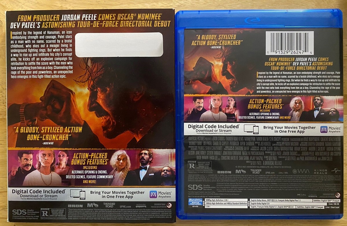 MONKEY MAN BLU RAY + DVD COLLECTOR'S EDITION WITH SLIPCOVER