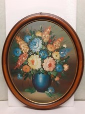 Quadro classico Vaso Con Fiori Dipinto  Cornice Legno Ovale Noce E Oro 60x70 CM