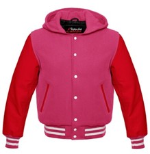 Men Hooded Wool Varsity Baseball Jacket Real Leather Sleeves