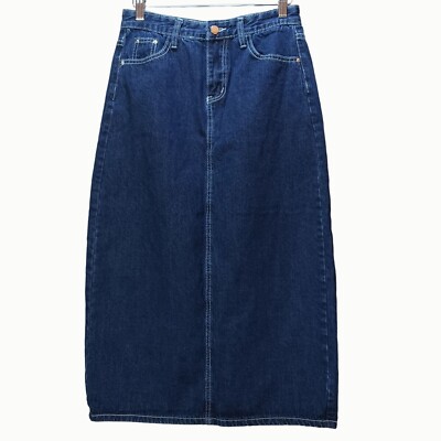 【HI FI FNK】Stone Crack Maxi Denim FYQ INDIGO BLUE DENIM PANELED JEANS LONG PENCIL SKIRT BUTTON