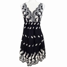 Karen Kane Black White Embroidered Dress Sz Med Boho Indie Cottagecore Romantic