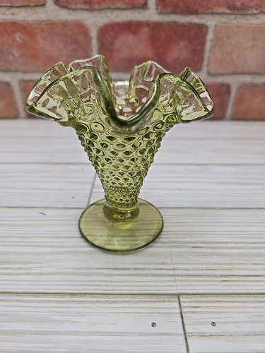 Vintage  Fenton Ruffled Top Hobnail Olive Green Vase  Fluted Trumpet Cone