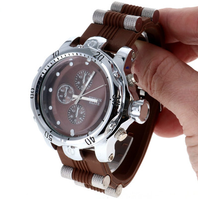 ETHAN ELITE Men's Oversize Watch & Crown  Silver Finish Brown Silicone Band 52mm
