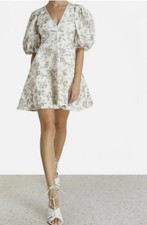 Zimmermann Size 1 Au 10 US 6  Linen Day Mini in Olive Toile Print Puff Sleeve
