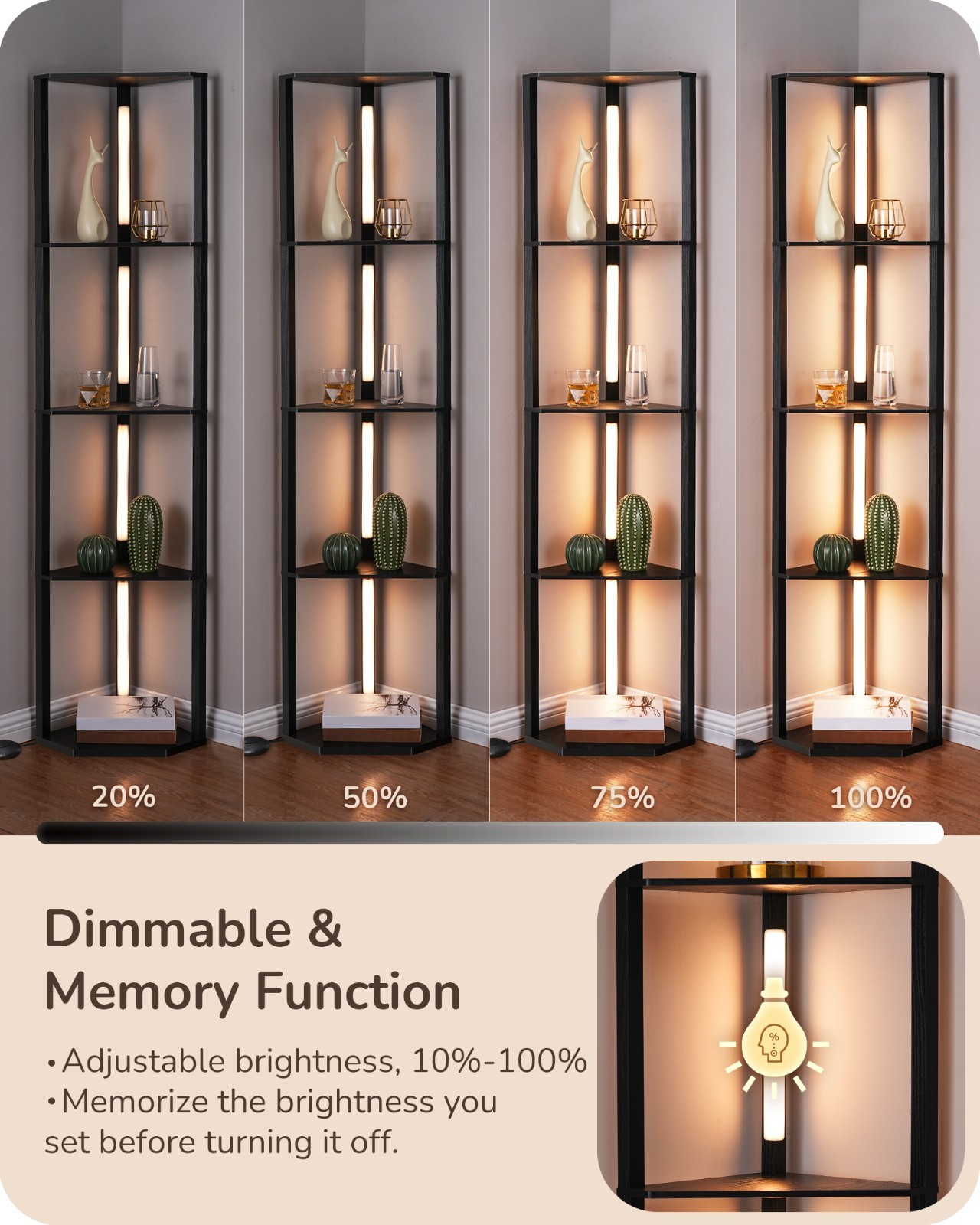 Dewenwils Corner Shelf with LED Light Bookshelf with Open Display LED Lamp