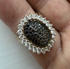 Heavy 10.08g 9ct Yellow Gold Black & White CZ Cluster Cocktail Ring UK P 375 DAN