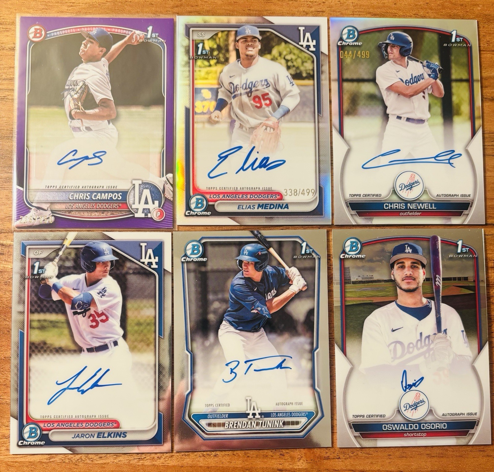 Dodgers Bowman Chrome 1st Auto 6x Lot - 2026 Brendan Tunink. Elias Medina /499 view 1