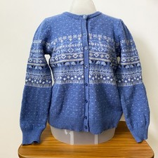 Woolovers 100% Lambswool Fair Isle Sheep Pattern Cardigan – Blue – Size M 36in
