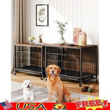 Customizable Dual Door Dog Crate W/ Slide Out Tray Chew Proof Design Wheels New