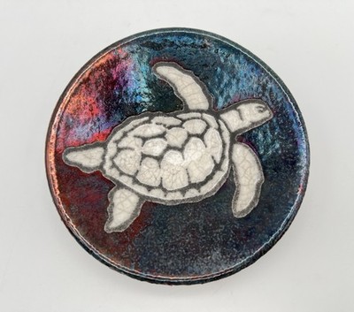Jeremy Diller Raku Art Pottery Sea Turtle Trinket Dish Wall Decor 5.25  Signed