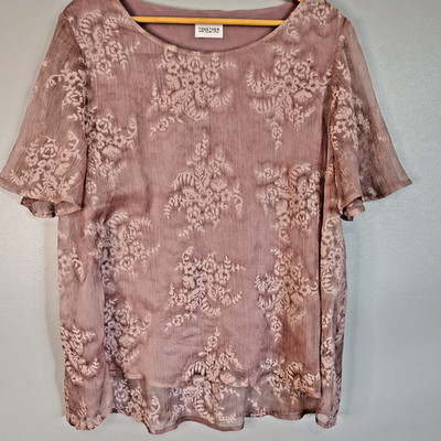 Together Top Sz 16 Rose Pink Chiffon Burnout Floral Overlay Dipped Hem Blouse