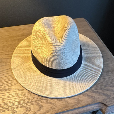 Beige/Black Solid Panama Hat Wide Brim Unisex Adults One Size Spring/Summer