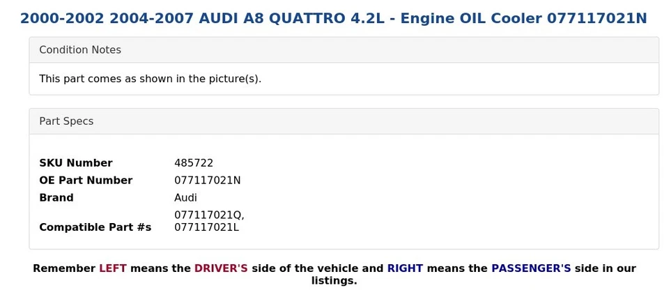 AUDI A8 QUATTRO 2000-2002 2004-2007 4,2 L - Enfriador de aceite del motor 077117021N Foto 4 de 4