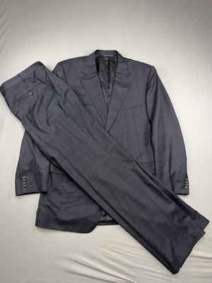 Canali Suit Set 56 Men s Blazer Pants 36X32 Wool Plaid Navy Blue Italy Made