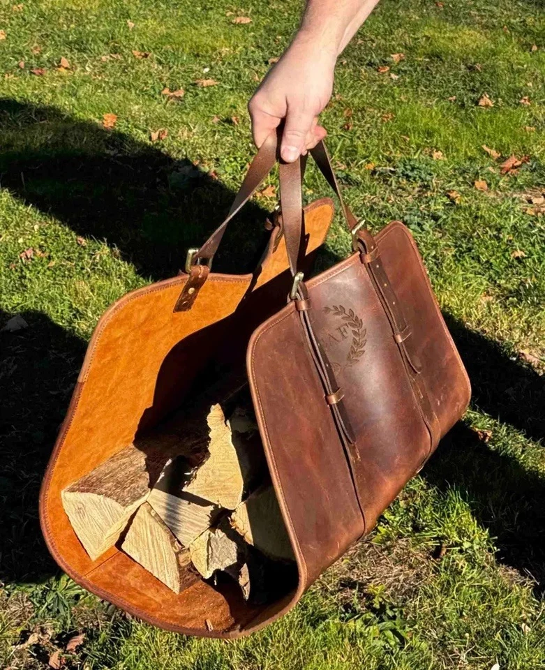 Portador de troncos de cuero, portador de leña, accesorio de chimenea de cuero, hecho a mano Foto 2 de 4