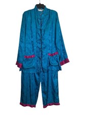 Bloomingdale s Vintage Pajama Set XL Turquoise Floral Satin Asian Inspired