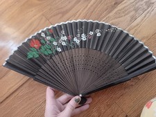 Vintage Black With Silver Trim Hand Painted Asian Folding Hand Fan With Flowers