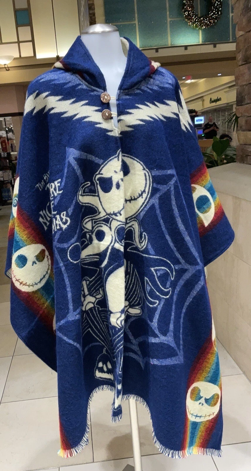 HANDMADE ALPACA WOOL PONCHO, Jack Skeleton, Blue, Made In Ecuador, Soft And Warm