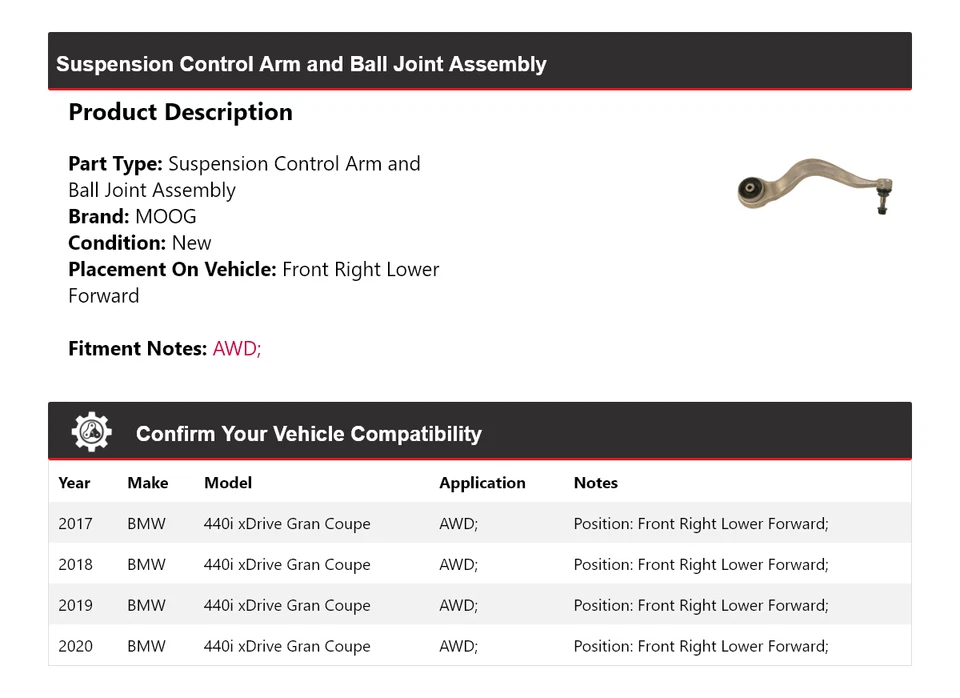 Conjunto de rótula brazo de control MOOG para BMW 440i xDrive Gran Coupé 2017-2020  Foto 2 de 4