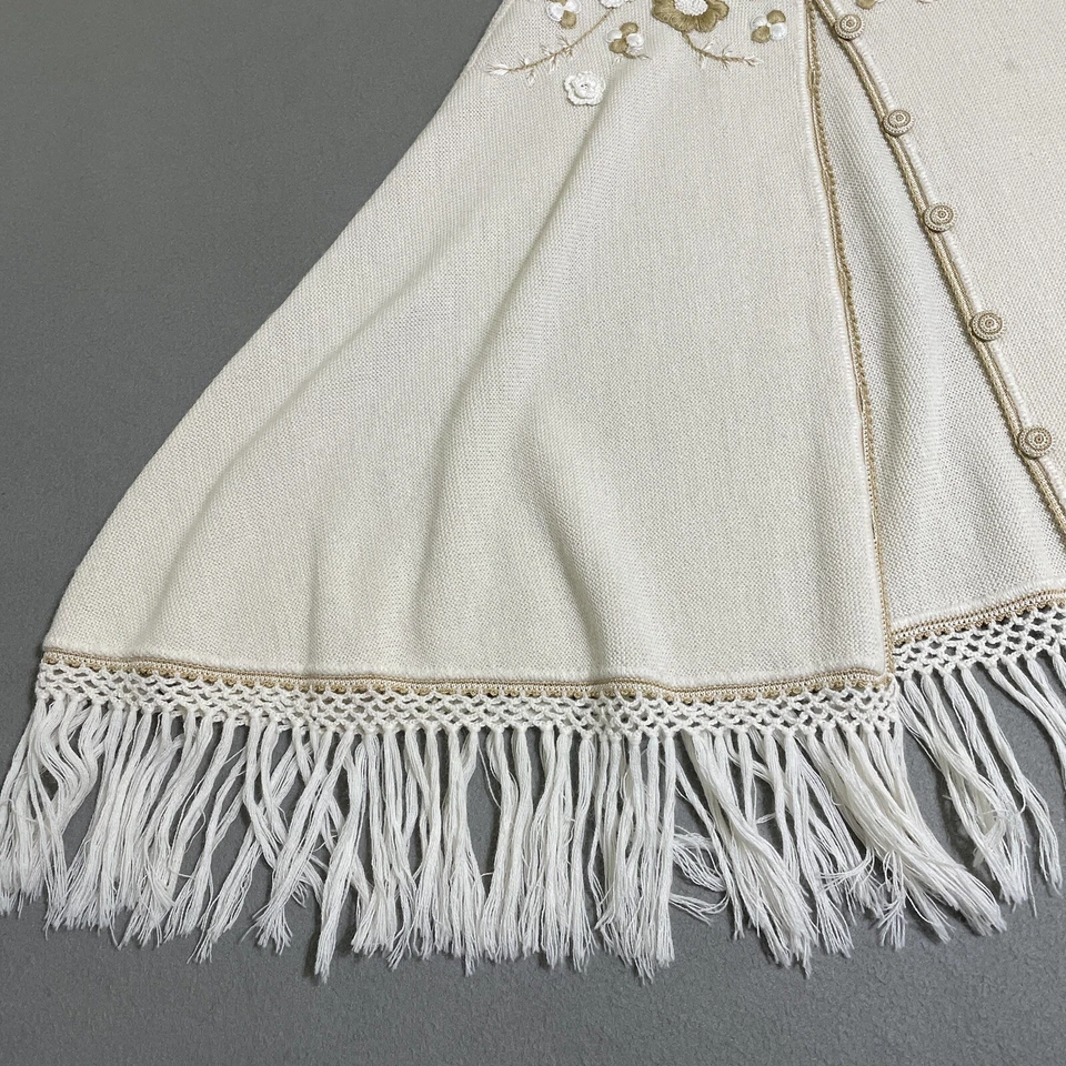 Винтажный женский топ 70-х с плащом альпака кремовый с цветочной вышивкой бахрома богемное пончо лапша - Изображение 3 из 4