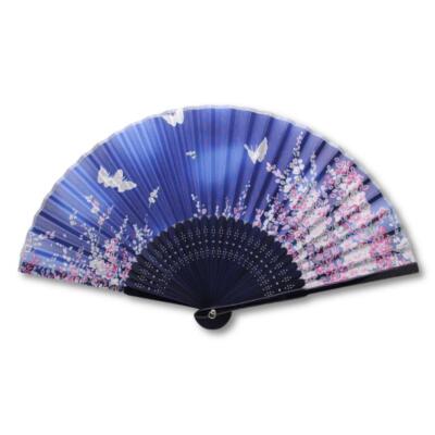 SILK HAND FAN 8'' Blue Butterfly Garden High Quality Folding Pocket Purse NEW
