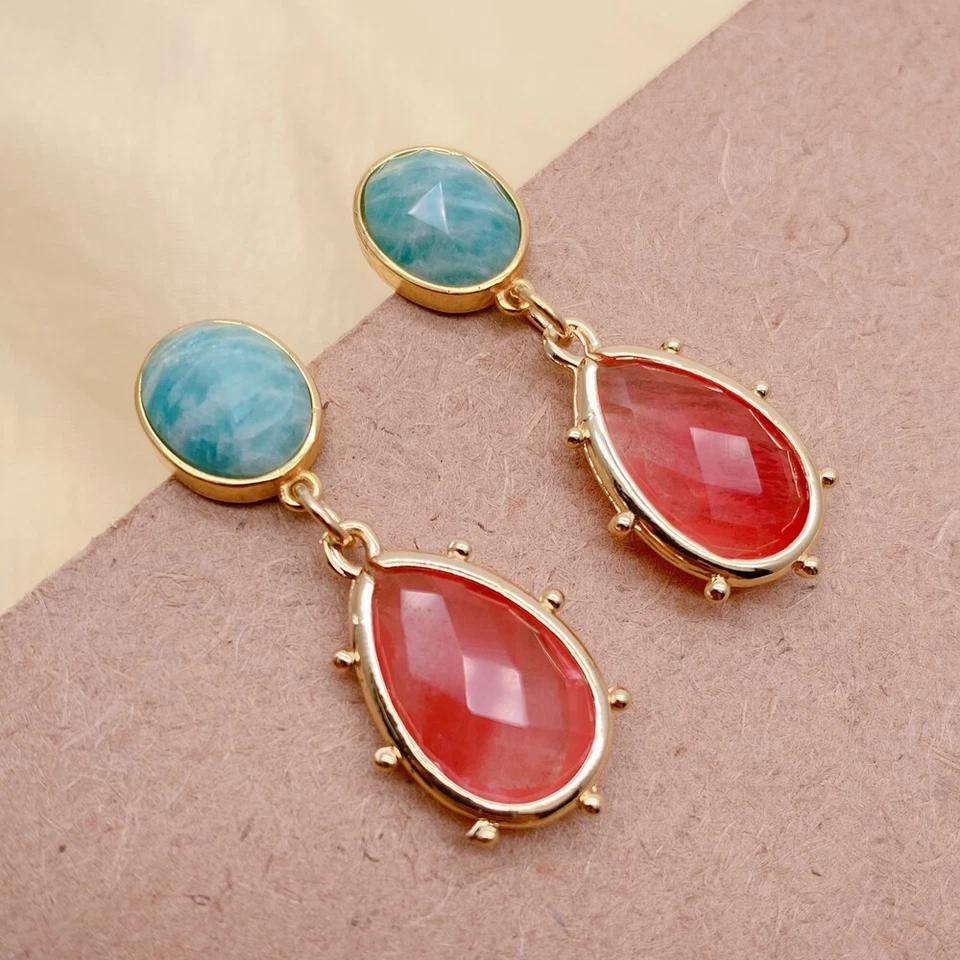Teardrop Red Quartz Green Amazonite Dangle Earrings Natural Stone Jewelery - Image 2 of 4