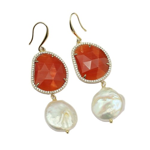 Orange Cat eye CZ Paved White Keshi Coin Pearl Dangle Hook Earrings For Women