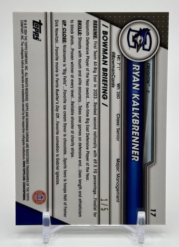 2023-24 Bowman Chrome University Sapphire Red Refractors Ryan Kalkbrenner RC /5 - Picture 2 of 2