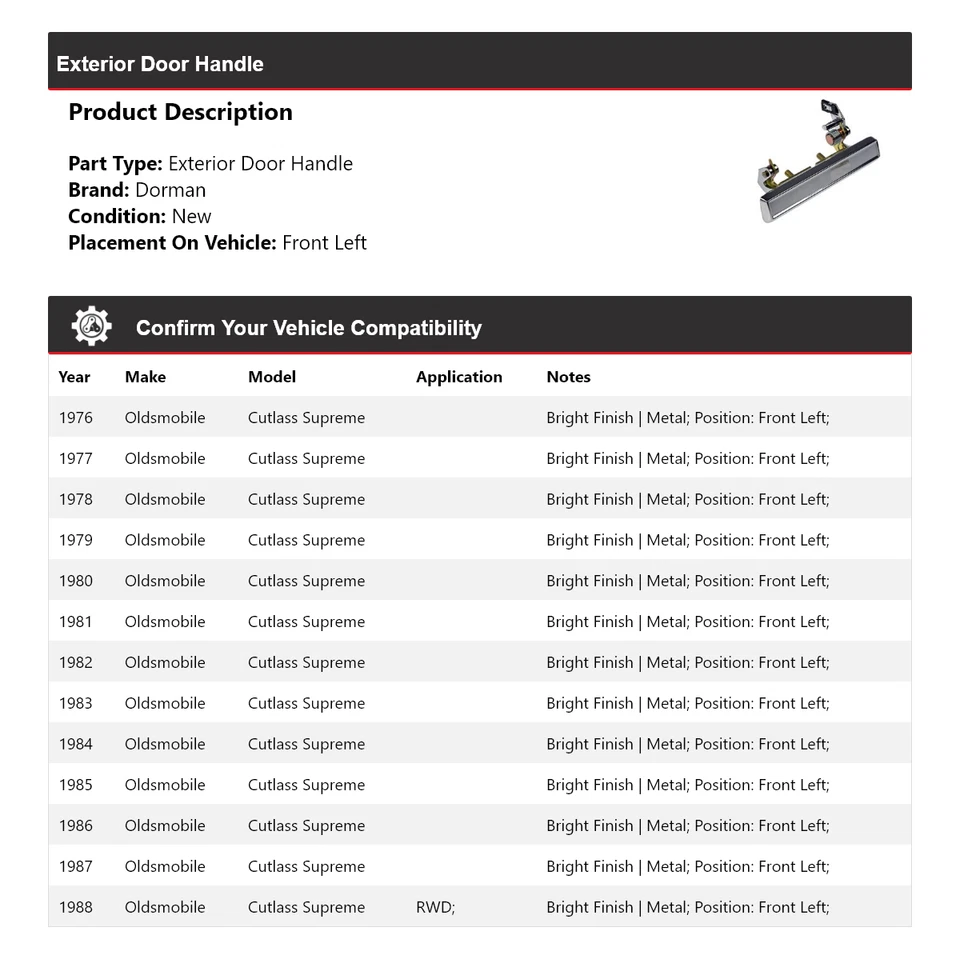Manija de puerta exterior delantera izquierda Oldsmobile Cutlass Supreme Dorman 1976-1988 Foto 2 de 4