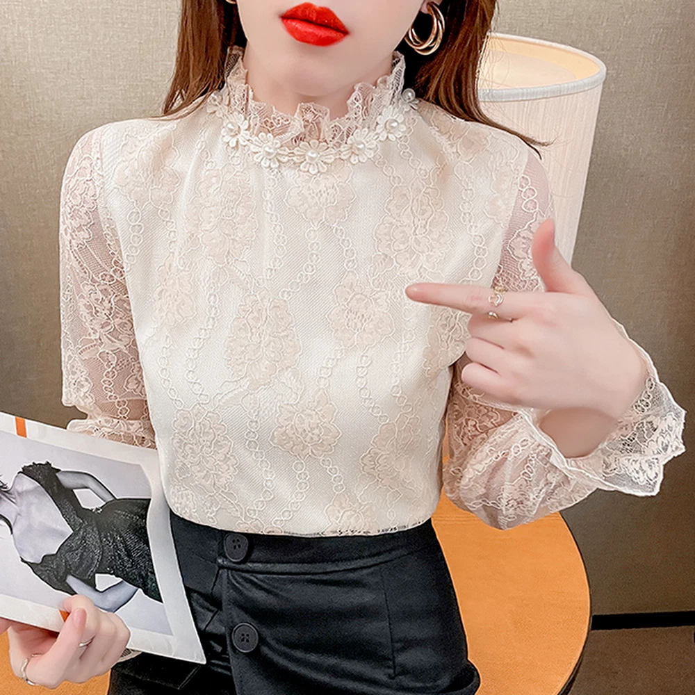 Lady Lace Turtle Neck Shirt T shirt Blouse Beaded Sheer Flare Sleeve Floral Tops