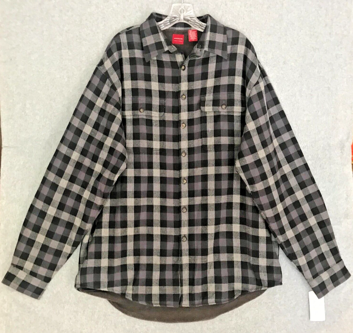 NEW Arrow Plaid Button Up Flannel Shirt Shacket Mens Large Tall Lined Black Gray