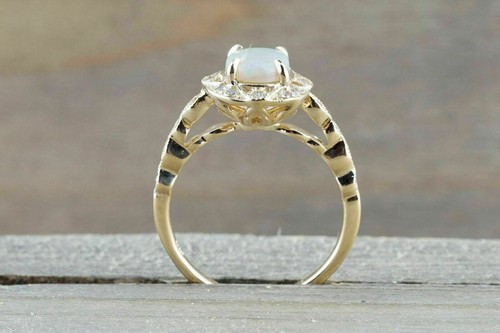 1CT Oval Cut Fire Opal Diamond Halo Engagement Women Ring 14k Yellow Gold Plated - Picture 3 of 5