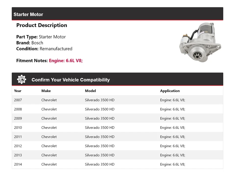For 2007-2014 Chevrolet Silverado 3500 HD 6.6L V8 Bosch Starter (Remanufactured) - Image 2 of 4